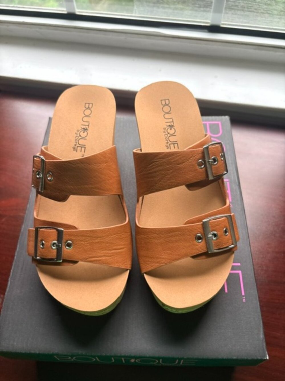 Boutique by Corkys Cognac Double Strap Cork Wedge Sandals – Women’s Size 7